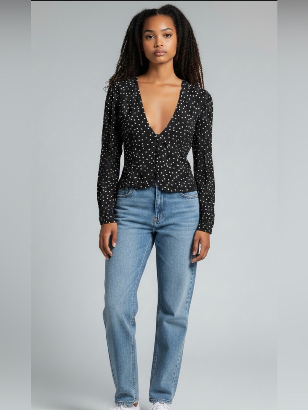 Free People Dark Navy Purple Polka Dot Long Sleeve Button Front Blouse Top Small